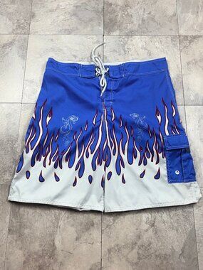 JNCO Flame Dragon Board Shorts Men's 38 Blue Red Cargo Vintage Y2K